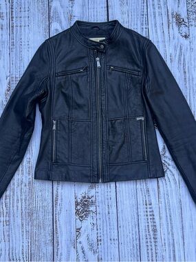 Michael Kors Black Leather Moto Jacket with Zip Pockets